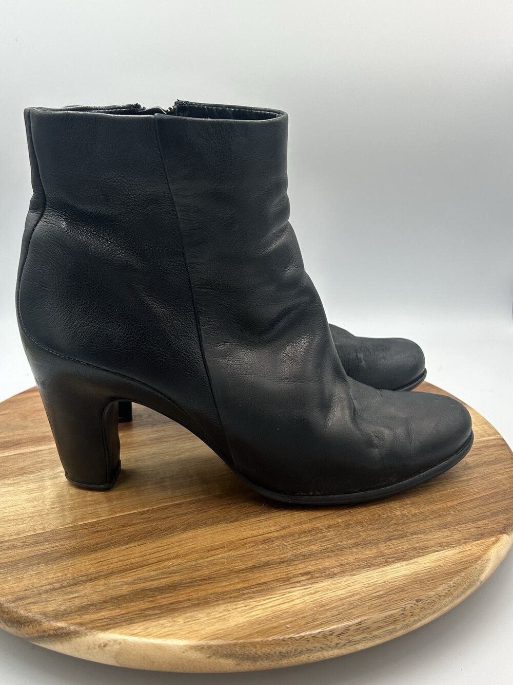 ECCO Leather Ankle Booties Sz 7 Women’s Black Side Zip Block Heel Comfort EU 38